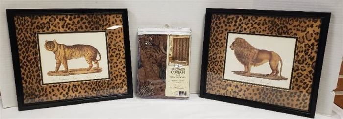 2 Animal Prints Decor (15 x 13 in. each) and Animal Print Shower Curtain (new)