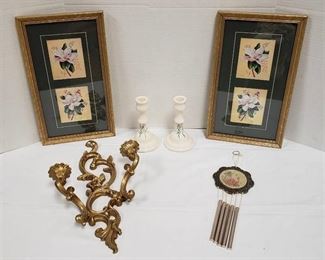 Floral Decor Items: Pair of Prints, Pair of Candlesticks, Wind Chime and Gold Wall Candle Sconce