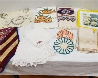 Various Linens: Table Runners, Table Cloth, Pair Pillowcases, Kitchen Towels, Bathroom Hand Towels and Pot Holders