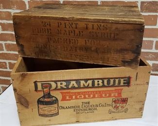 2 Wood Crates: Pure Maple Syrup (17.5 x 12 x 6.5 in.) and Drambuie (18.5 x 14 x 9.5 in.)
