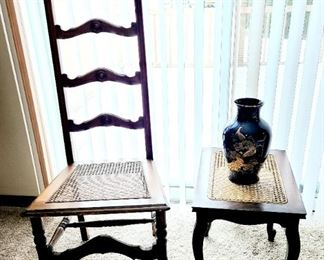 Vintage tall back wicker/wood chair and wicker/wood side table.