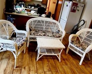 1 of 5 pictures- 4 piece white wicker set with cushions