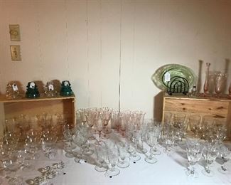 Beautiful Fostoria glasses and pink depression glass ware 