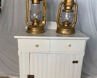 Antique Dry Sink with Two Antique Lanterns