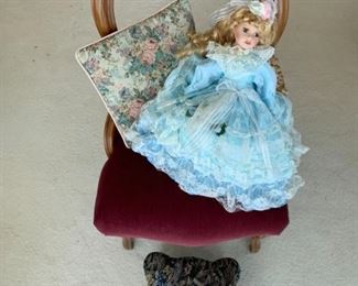 Small Vintage Chair with Foot Stool and Porcelain Doll