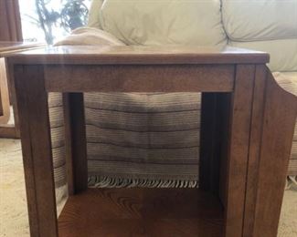Two Matching Oak Side Tables with Magazine Racks and Pull Out Trays