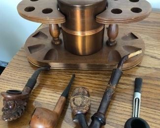 Vintage Copper Tobacco Tin with Pipe Stand and Four Vintage Pipes