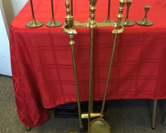 Brass Fireplace Set and Candle Holders