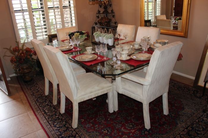 Custom Beveled glass top dining table with six chairs