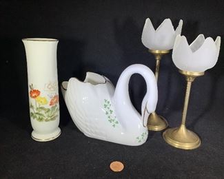 swan ceramic, tulip candle holders, and orange/yellow flower vase 