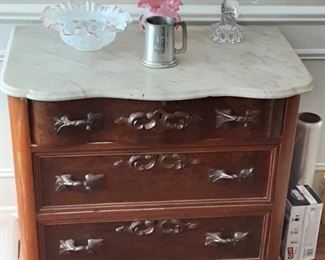 WALNUT MARBLE TOPPED CHEST OF DRAWERS