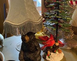 Bear lamp, Christmas tree and cardinals decor
