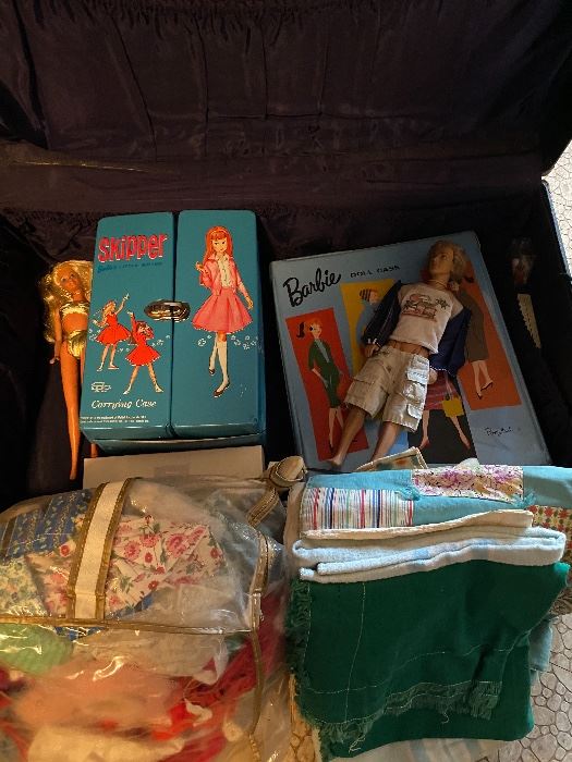 Vintage Skipper box, Barbie dolls and Ken doll, accessories