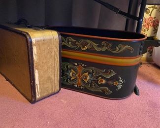 Copper wash tub with Tole, vintage suitcase