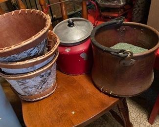Copper bucket, metal teapot, birch planters
