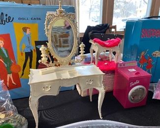Vintage Barbie vanity NIOB with accessories; vintage Barbie washing machine; vintage Barbie doll case; vintage Barbie Skipper case