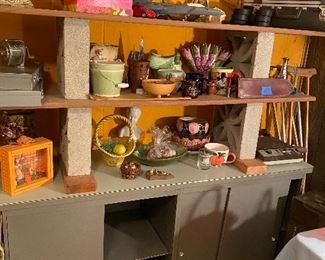 Vintage metal cabinet, board & landscape block shelves, misc vintage decor