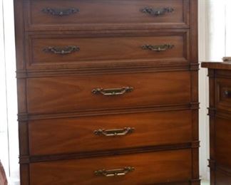 Drexel bedroom suite.  King size Headboard, nightstand, Vanity, chest of drawers, 9 drawer dresser with large mirror.  