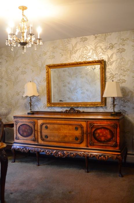 Antique Berkey and Gay dining room set.  Includes table and 4 chairs, sideboard and china cabinet.  Mirror sold separately.