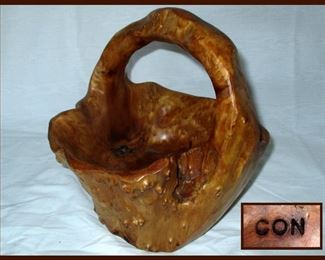Handled Carved Wooden Burl Bowl Marked CON 
