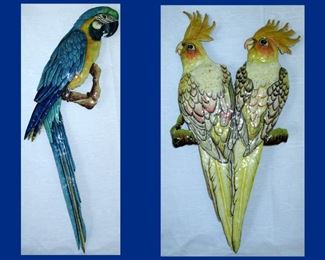 Metal Macaw and Pair of Cockatoos Wall Sculptures 