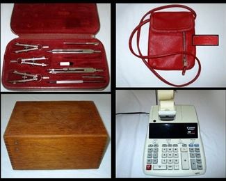 Compass Drafting Set, Tignanello Purse, Wooden Box with Dovetailed Sides and Canon MP25DV Printing Calculator 