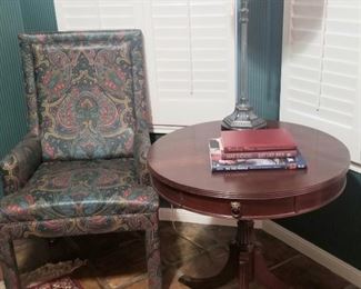 Custom upholster chair with drum table 