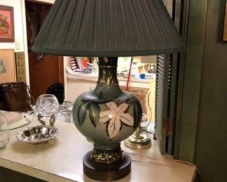 Vintage MCM ceramic table lamp. Hand painted and applied work on textured metal base. Rewired.