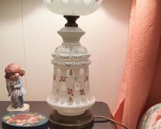 Vintage bohemian table lamp. Cased glass, cut to clear, hand painted