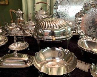Vintage serving pieces including antique English silver plated breakfast serving dish with ivory but knob. Circa 1890-1899