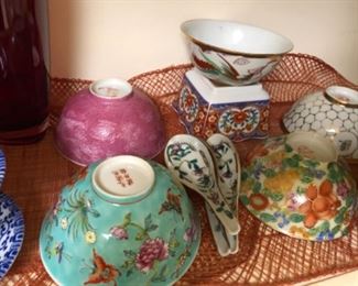 Vintage 1950s Chinese Rice Bowls.  Turquoise bowl is marked late Qing to early Republic Period (1871-1908)
