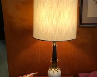 Reeded walnut, ceramic and brass Mid Century table lamp. Original shade, recently rewired.