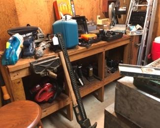 Craftsman, Blue Grass, Stanley, Disston & Sons, Delta, Makita, Porter Cable, Coleman, RemLine, Stihl tools. 
 Like new vintage carpenters tools including:  well drill bits, nice tool boxes, wood working tools, clamps, machinist planes, vices, hammers, 3/8" galvanized chain, pliers, lanterns, nails, crews, Dremels, yard tools, saws, wrenches, shop fans, wheel barrows, galvanized buckets, ladders, tool chests, tool cabinets.