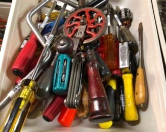 Craftsman, Blue Grass, Stanley, Disston & Sons, Delta, Makita, Porter Cable, Coleman, RemLine, Stihl tools. 
 Like new vintage carpenters tools including:  well drill bits, nice tool boxes, wood working tools, clamps, machinist planes, vices, hammers, 3/8" galvanized chain, pliers, lanterns, nails, crews, Dremels, yard tools, saws, wrenches, shop fans, wheel barrows, galvanized buckets, ladders, tool chests, tool cabinets.