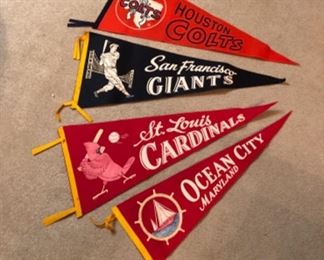 Vintage felt pennants. 1950s, 1960s, 
Rare 1962 Houston colts pennant clean and bright colors,
1950 St. Louis Cardinals, 
1960s San Francisco giants,
1950s Ocean City Maryland sailing pennant