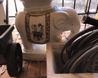 Vintage mid century modern Asian ceramic elephant garden stool raised hand painted detail.  