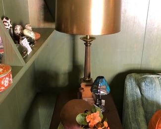 Pair of Mid Century walnut table lamps original gold shades.