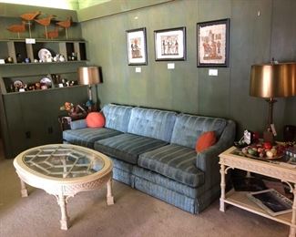 Thomasville Chinese Chippendale coffee table. Labeled, original Mid Century finish, Palm Beach Regency.
Matching side table also available.

Lee Harvey for Maddox Mid Century tuxedo sofa,  aquamarine. 91” wide.