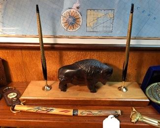 Carved wood buffalo pen/pencil holder. Gold filled Cross pen/pencil set.