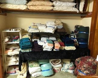 Towels, pillows, blankets, comforters, table linens, and more.