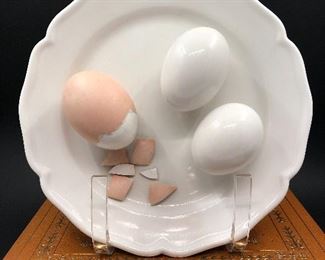 Vintage. Made in Italy for Tiffany. Trompe l’oeile eggs on a plate. 