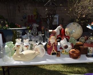 Vintage hurricane lamps, globe, vases and rooster cookie jar