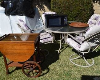 Patio table & chair set, vintage tea cart