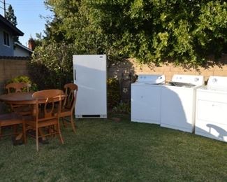Round dining room table & chairs, freezer, washer and washer & dryer set