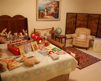 Downstairs bedroom, vintage screen, antique high back bench and raggedy Ann & Andy dolls