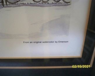 Label stating this is a print of a watercolor by Emerson