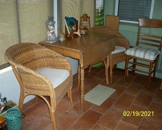 2 - Wicker and Rattan Chairs ; Vintage Drop Leaf Table.