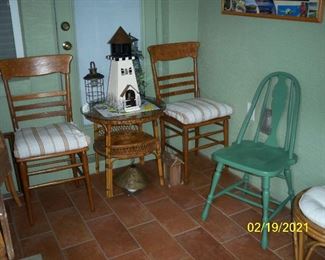 2 - Vintage Wood Chairs ; Vintage Rattan and Wicker Round End Table ; Vintage Painted Green Chair.