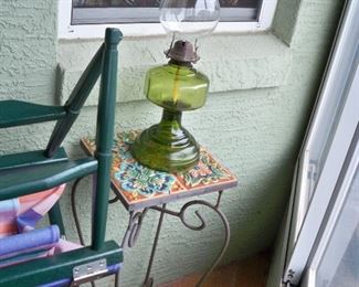 Metal Plant stand with 4 tile top ; Green base Oil Lamp