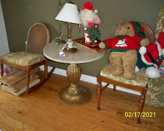 Antique/Vintage Caned Back Ladies Rocker ; Antique/Vintage Round Marble top Pedestal Table ; Antique/Vintage Caned Back Chair ; Stuffed Christmas Bears.